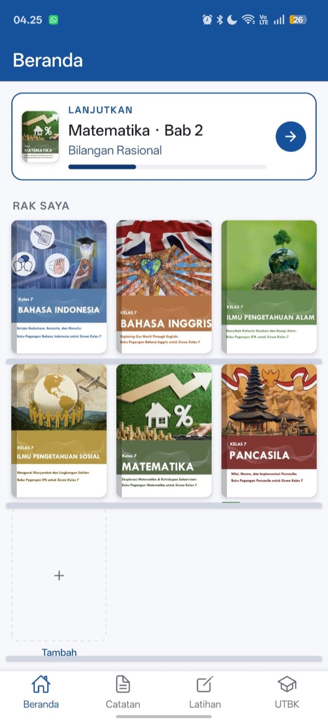 Beranda: kartu Lanjutkan dan rak buku