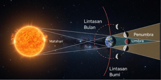 Memperlihatkan posisi dan bayangan saat terjadi gerhana Bulan